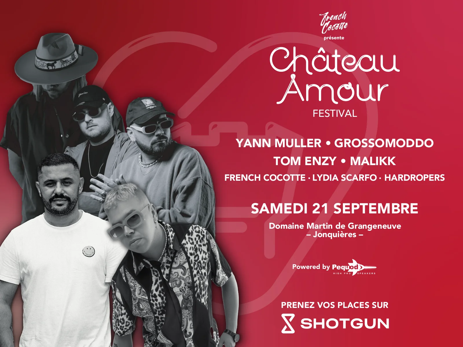 Billboard: the five DJs in black and white on the left, the wordmark, the line-up, the date and the ticketing on the right, on the red gradient