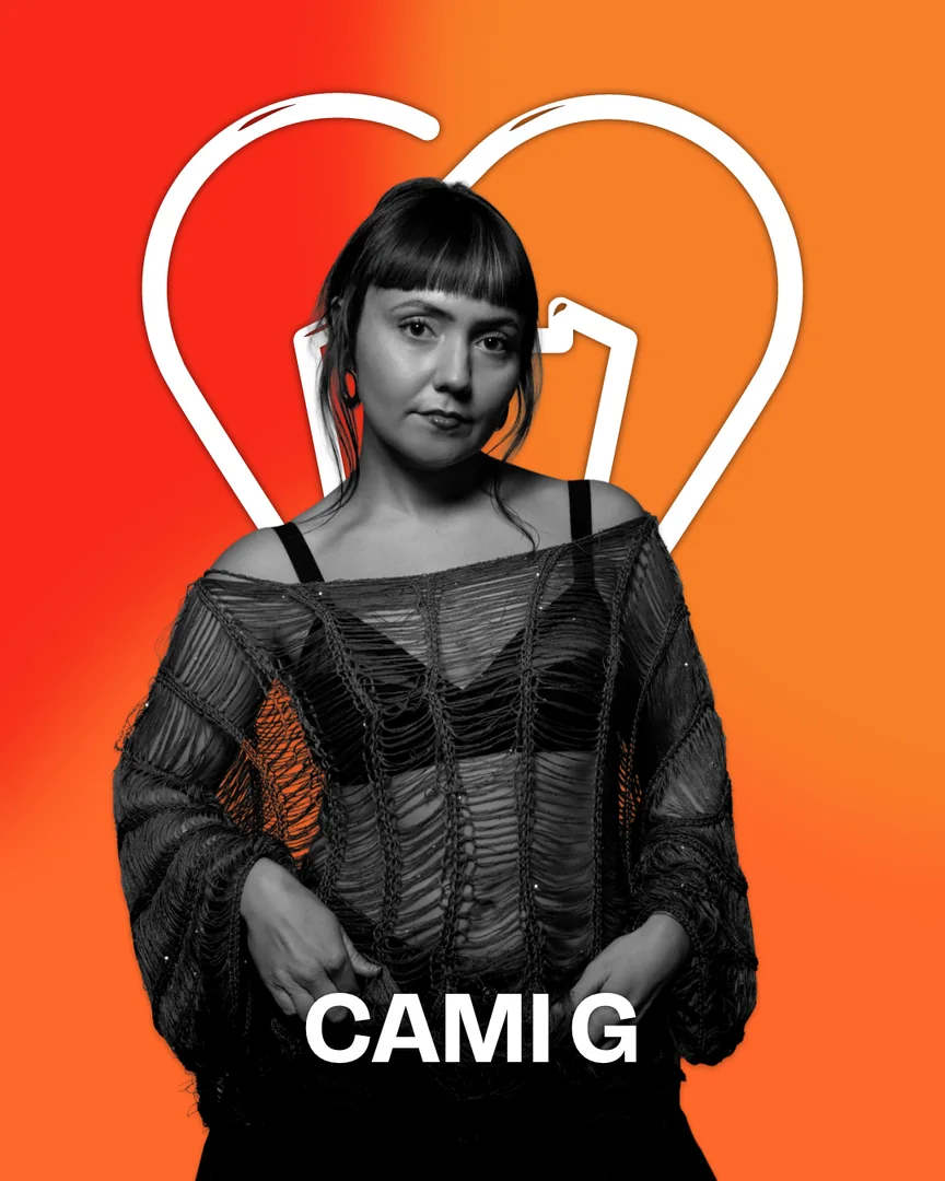Artist card: Cami G in black and white in front of the large white mark, on a red to orange gradient