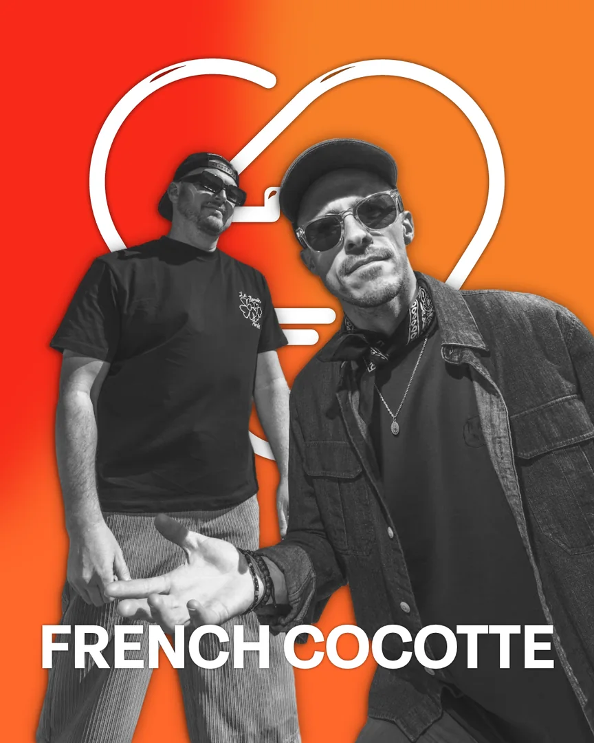 Artist card: the duo French Cocotte in black and white in front of the large white mark, on a red to orange gradient