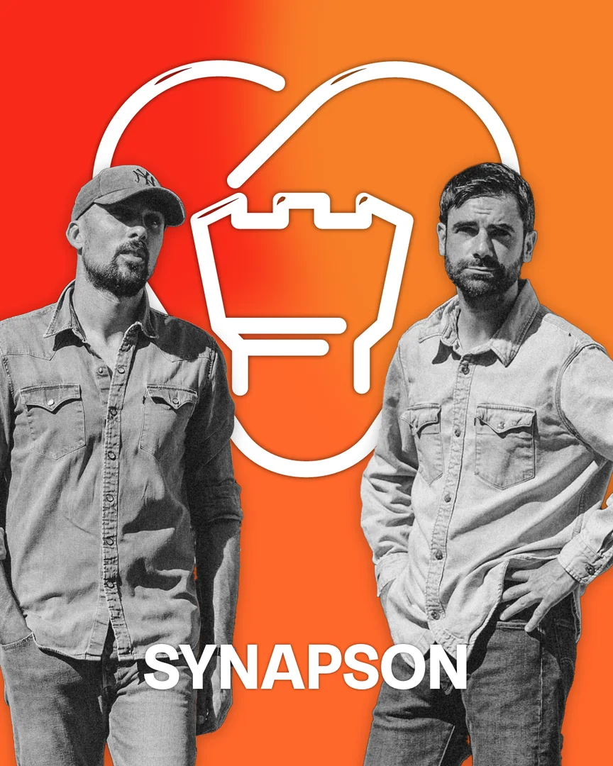 Artist card: the duo Synapson in black and white in front of the large white mark, on a red to orange gradient