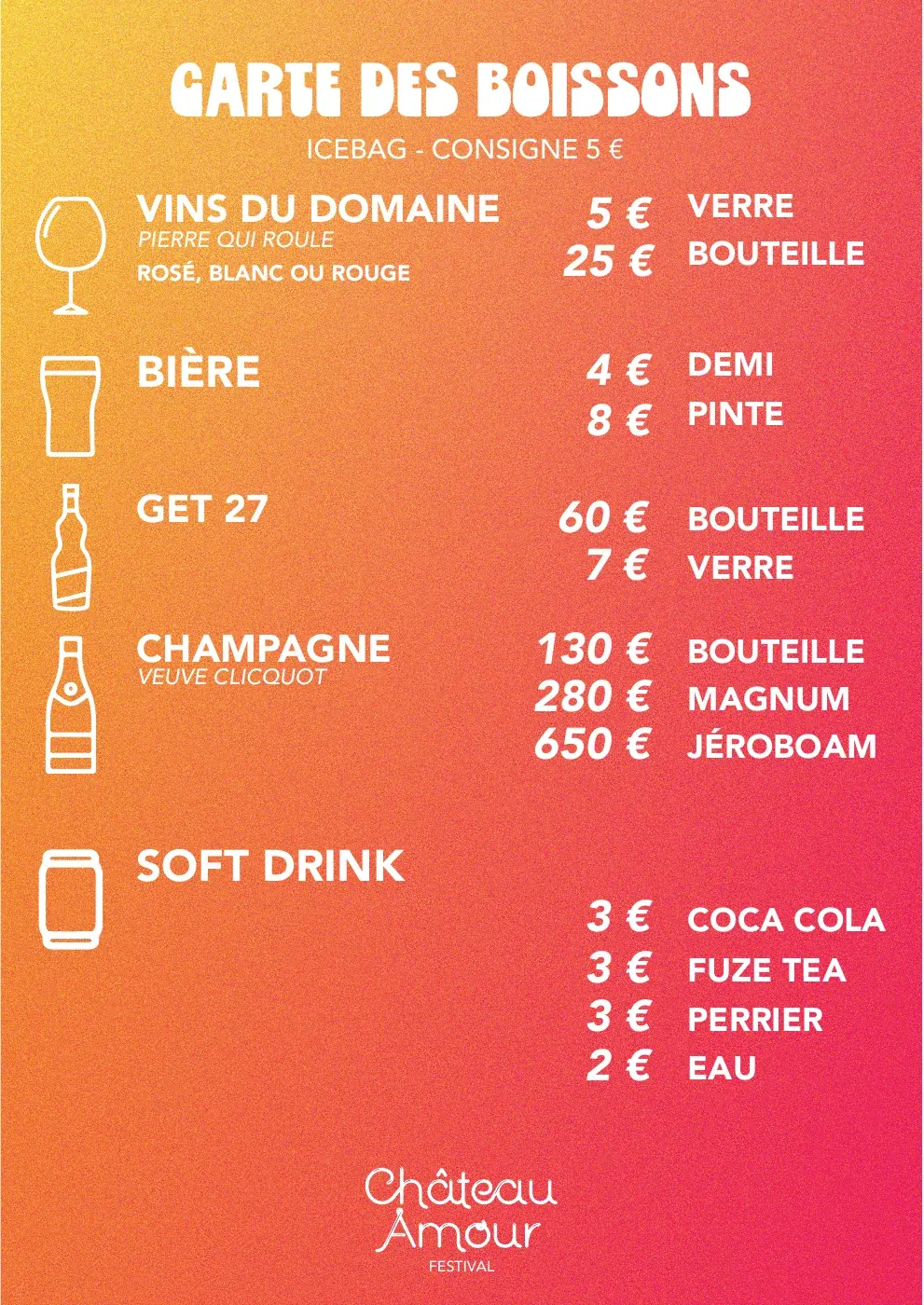 The drinks menu on the gradient: wine, beer, champagne and soft drinks, each with a line pictogram, and the wordmark at the bottom