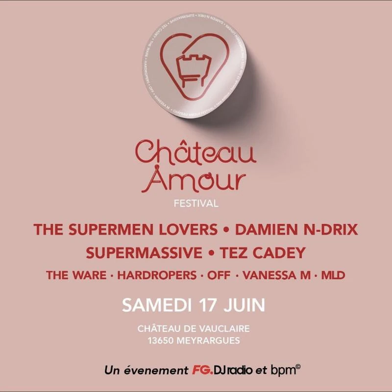 Poster of the 2023 edition: the heart and castle mark as a round sticker on a pink ground, above the line-up and the date, Saturday 17 June