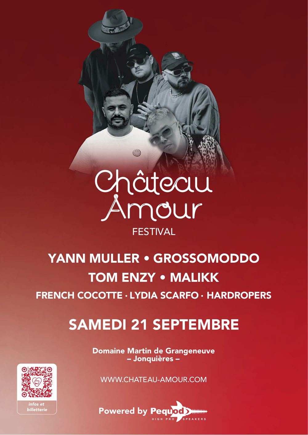 Poster of the 2024 edition: five DJs in black and white on a deep red ground, above the wordmark, the line-up and the date, Saturday 21 September