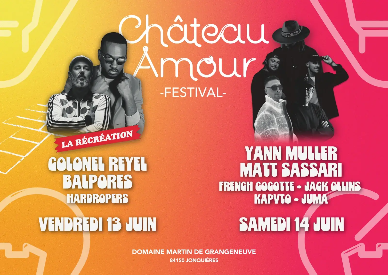 Poster of the 2025 edition, in landscape: the mark and the wordmark at the centre of a yellow to pink gradient, one line-up on each side for Friday 13 and Saturday 14 June