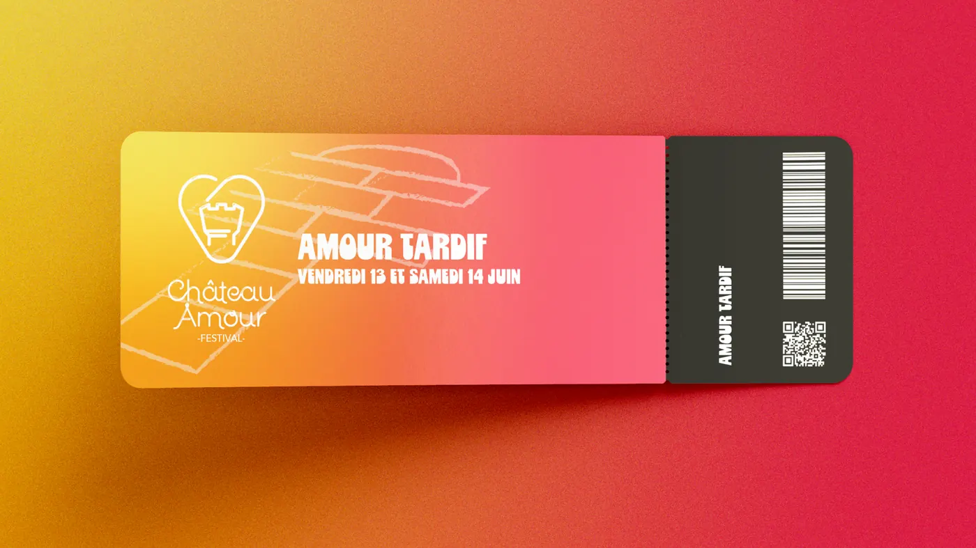 Ticket Amour Tardif, both days: yellow to pink gradient, black stub with a barcode