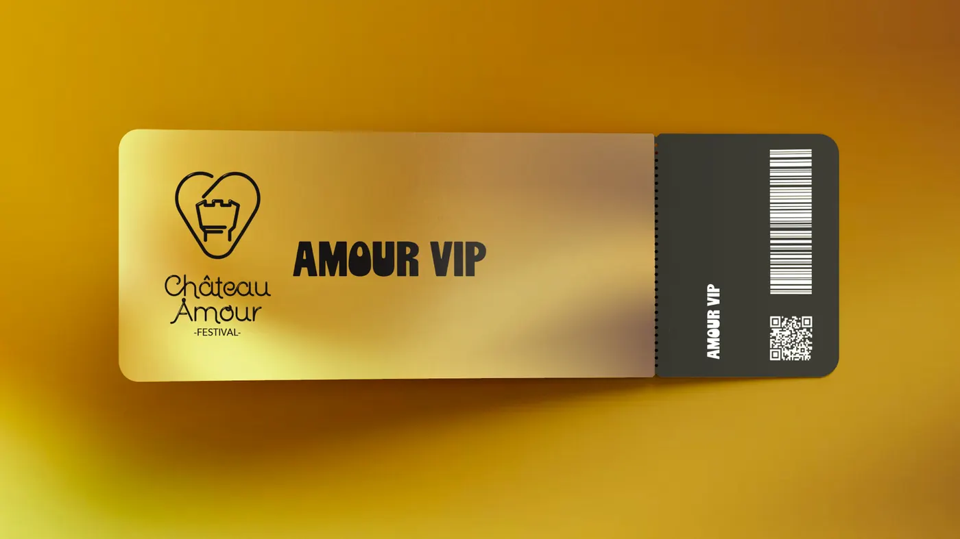 Ticket Amour VIP: gold gradient, the mark and the name in black, black stub with a barcode
