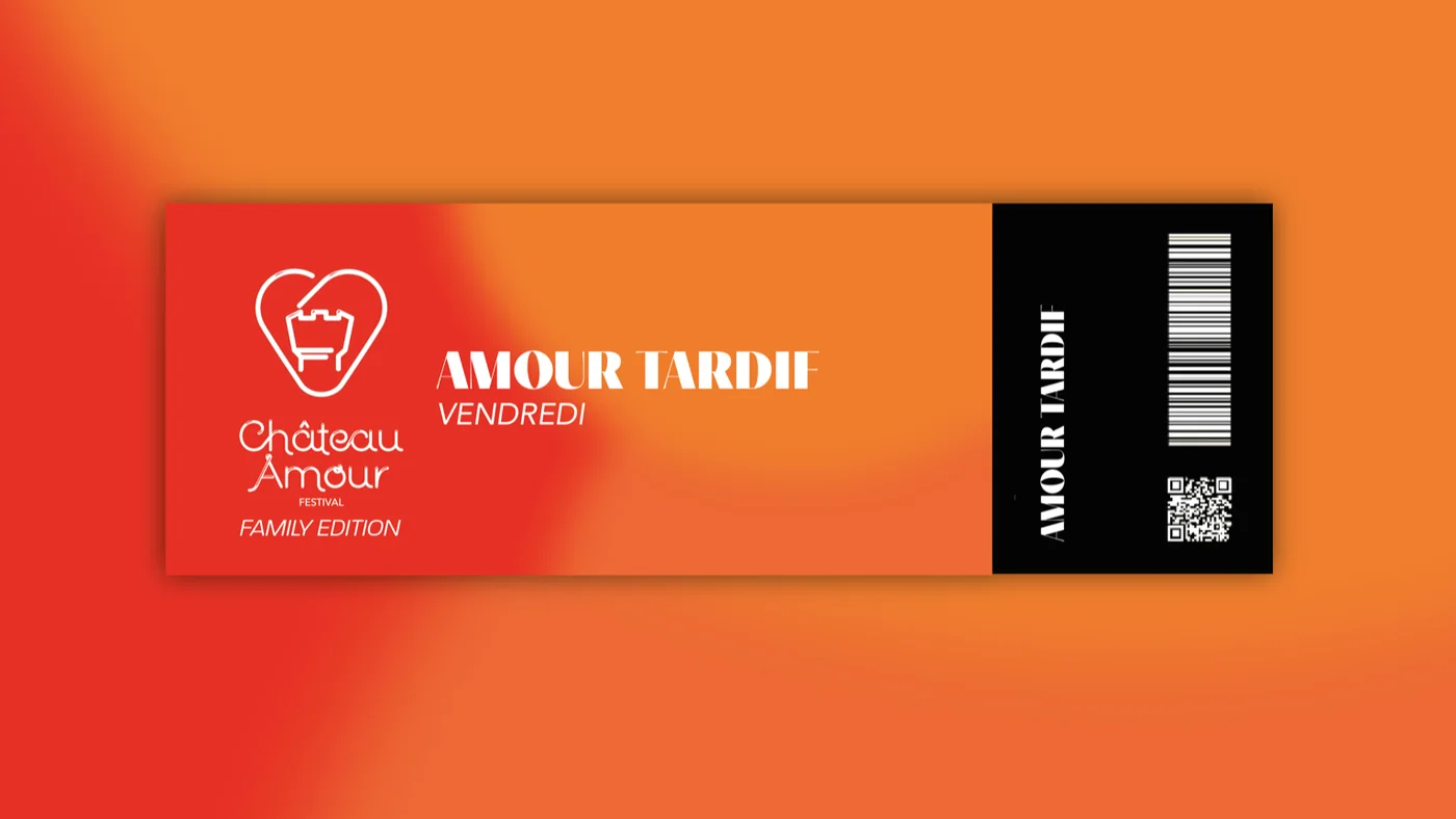 Ticket Amour Tardif, 2026: red to orange gradient, the mark in white, black stub with a barcode