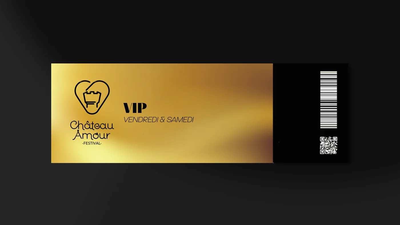 Ticket VIP, 2026: gold gradient on black, the mark in black, black stub with a barcode