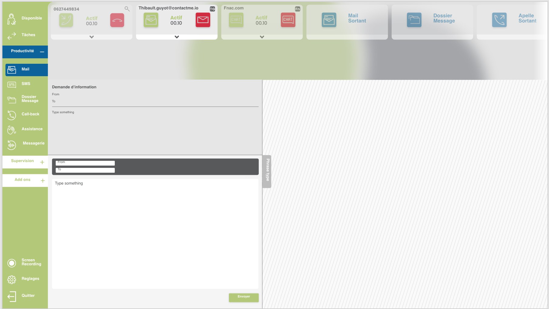 Research sketch: interaction cards across the top of the screen, a labelled green sidebar.