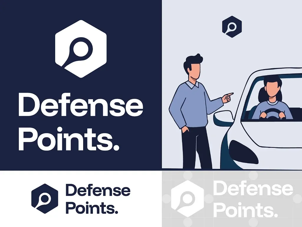 Défense Points brand: the hexagon mark with a magnifying glass, the wordmark, and an illustration of a driver being stopped.