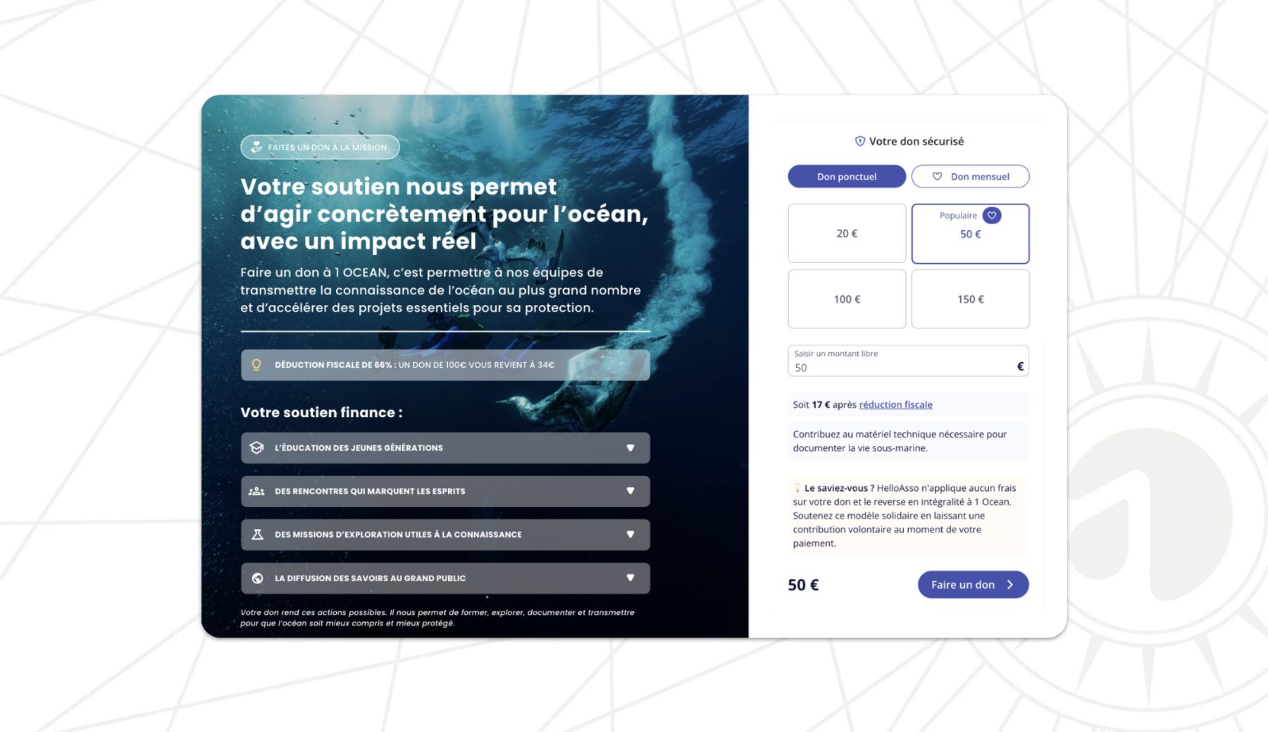 1 Ocean donation form with suggested amounts and tax relief