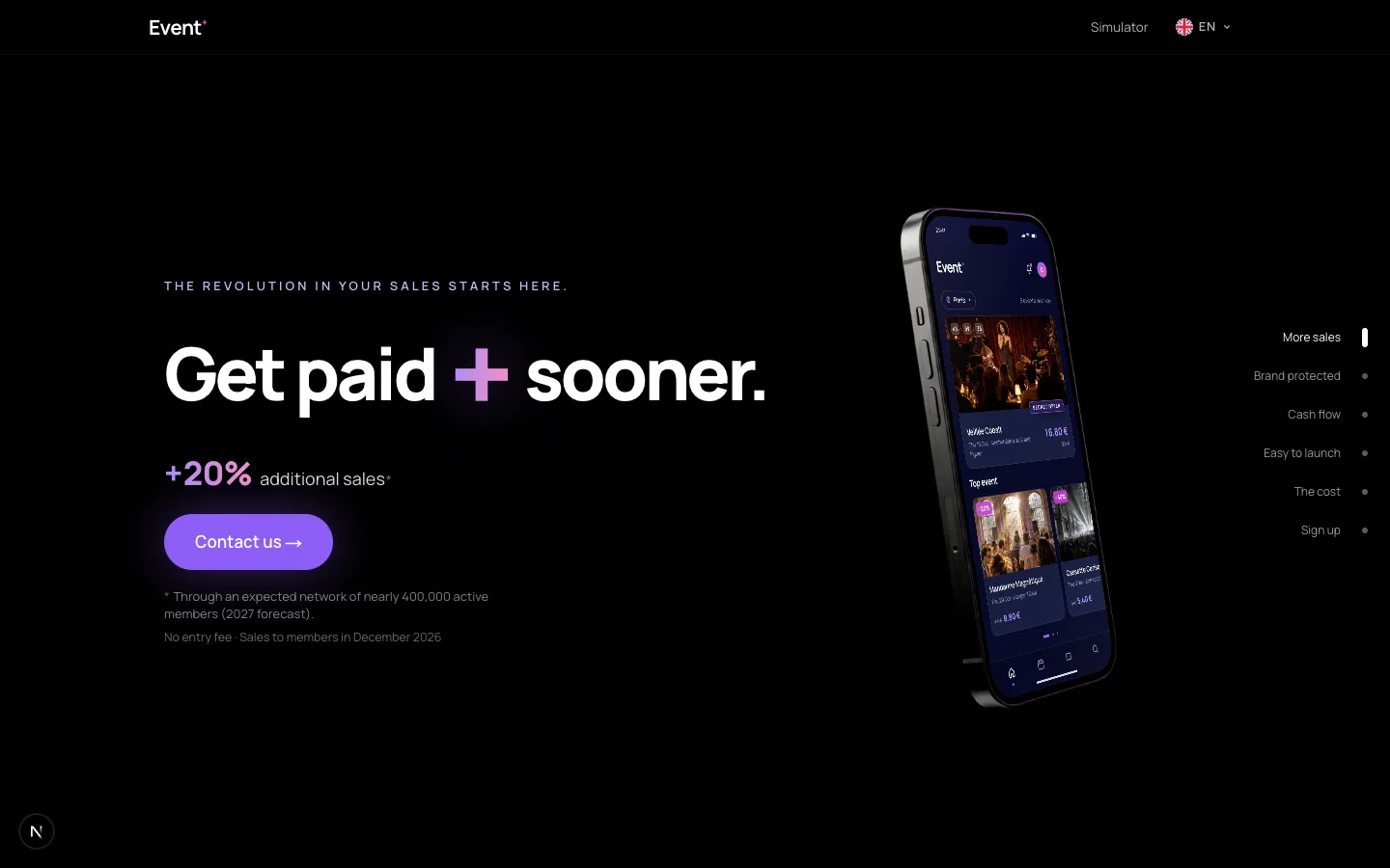 Landing page: Get paid + sooner, +20 % additional sales, the app