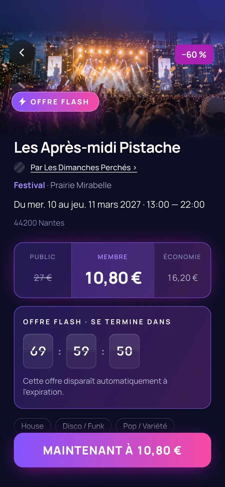 Flash offer: 72-hour countdown, the discount, the member price