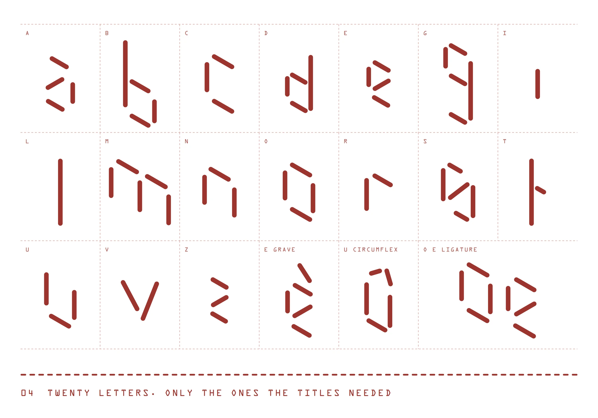 Twenty letters drawn in red strokes, one per cell of a dashed grid.