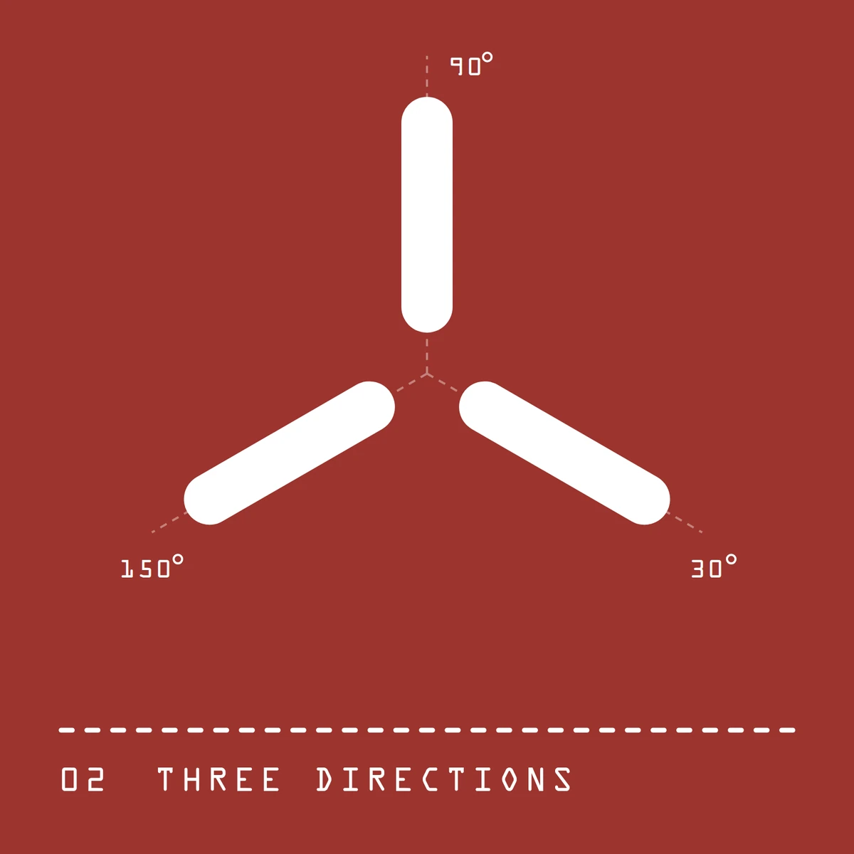 Three white strokes on red, pointing up and thirty degrees either side of level.