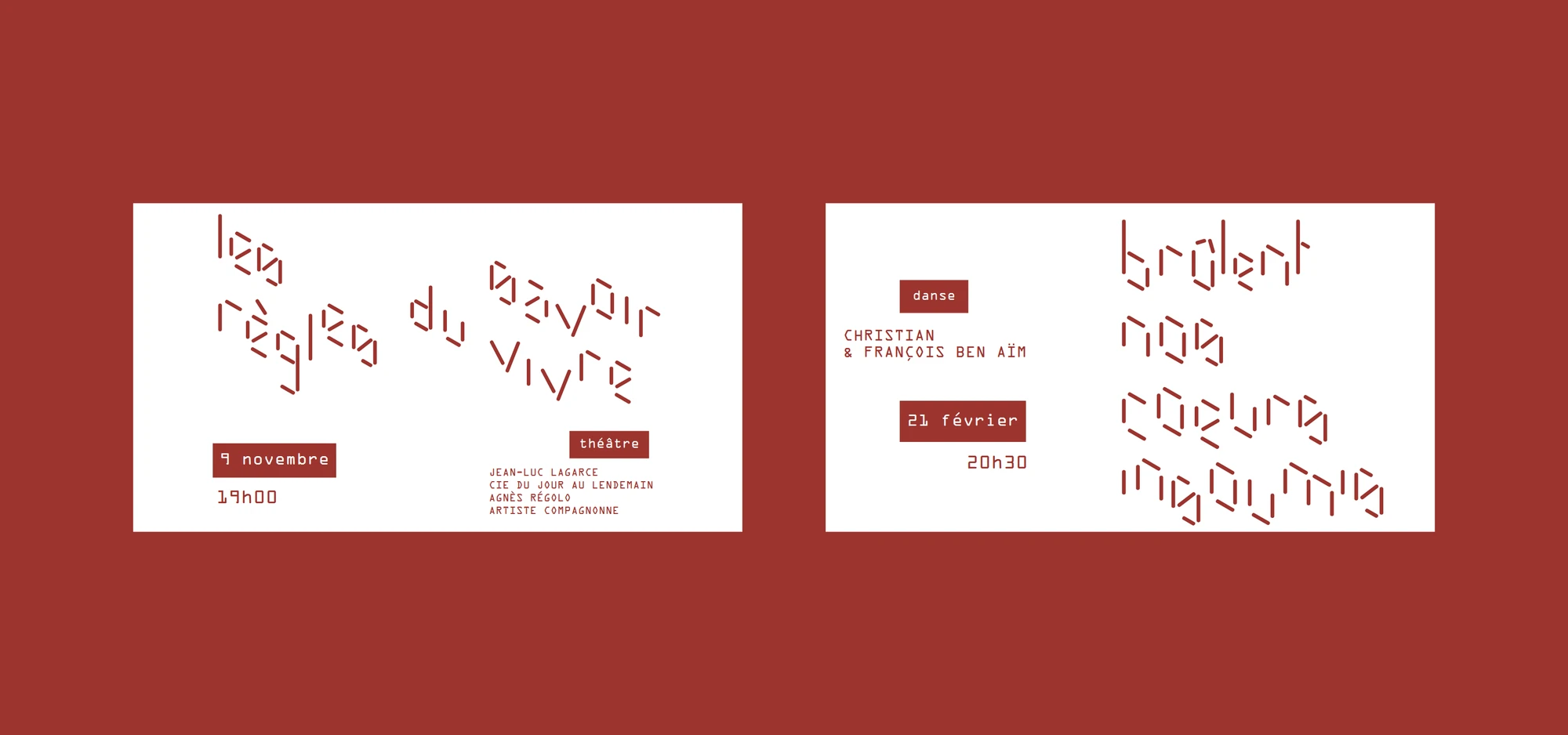 The two tickets on a red background, each with the title of the show, its date, time and company.