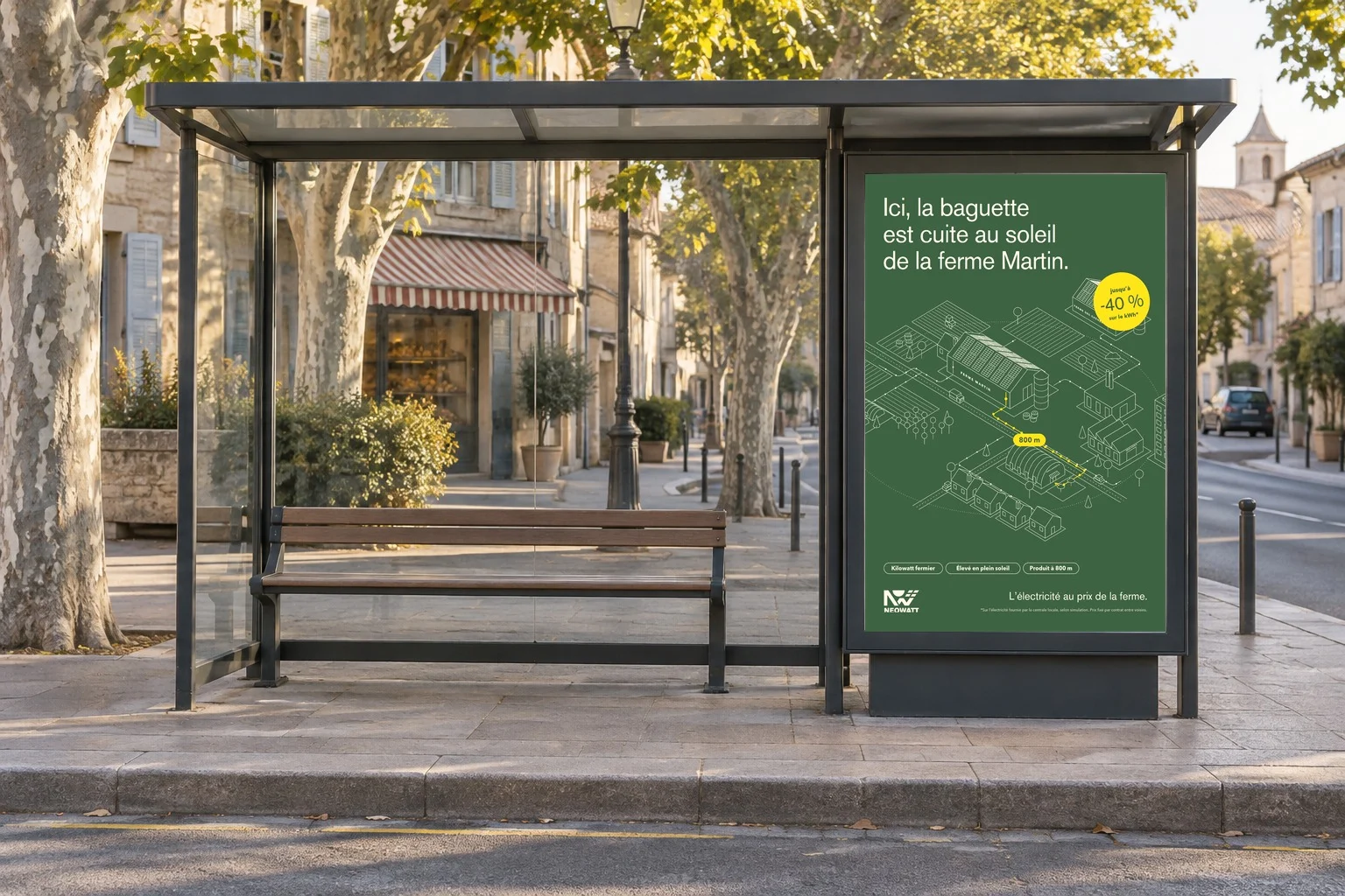 A bus shelter on a village street lined with plane trees, the bakery poster backlit in its panel