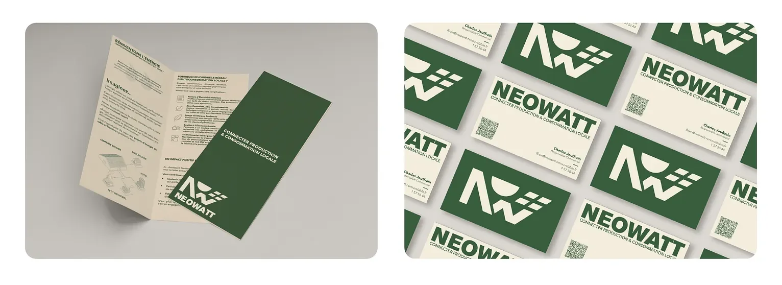 A folded leaflet in vanilla and pine green, and a spread of business cards.