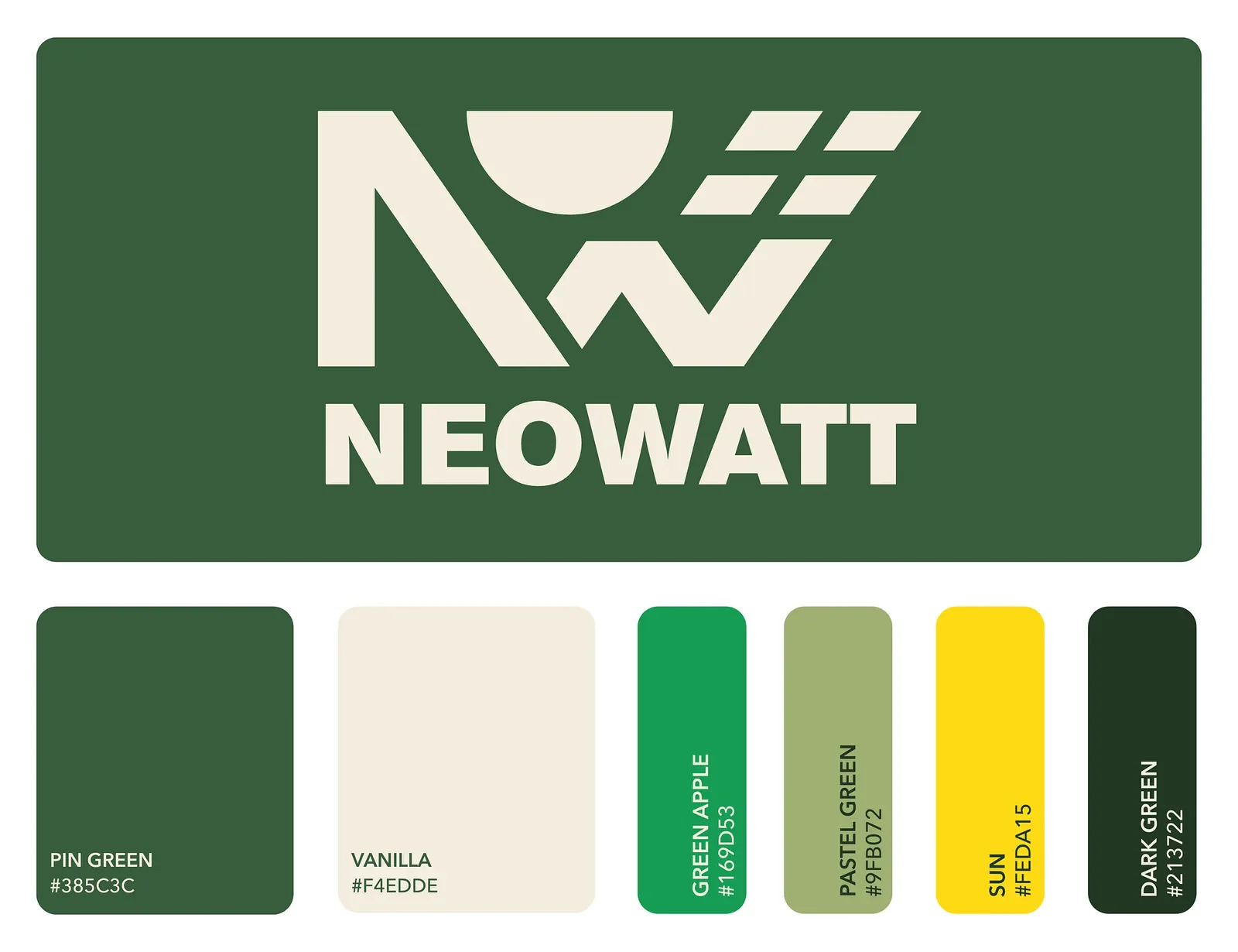 NEOWATT logo, white on pine green, above the palette: pine green, vanilla, green apple, pastel green, sun yellow and dark green.