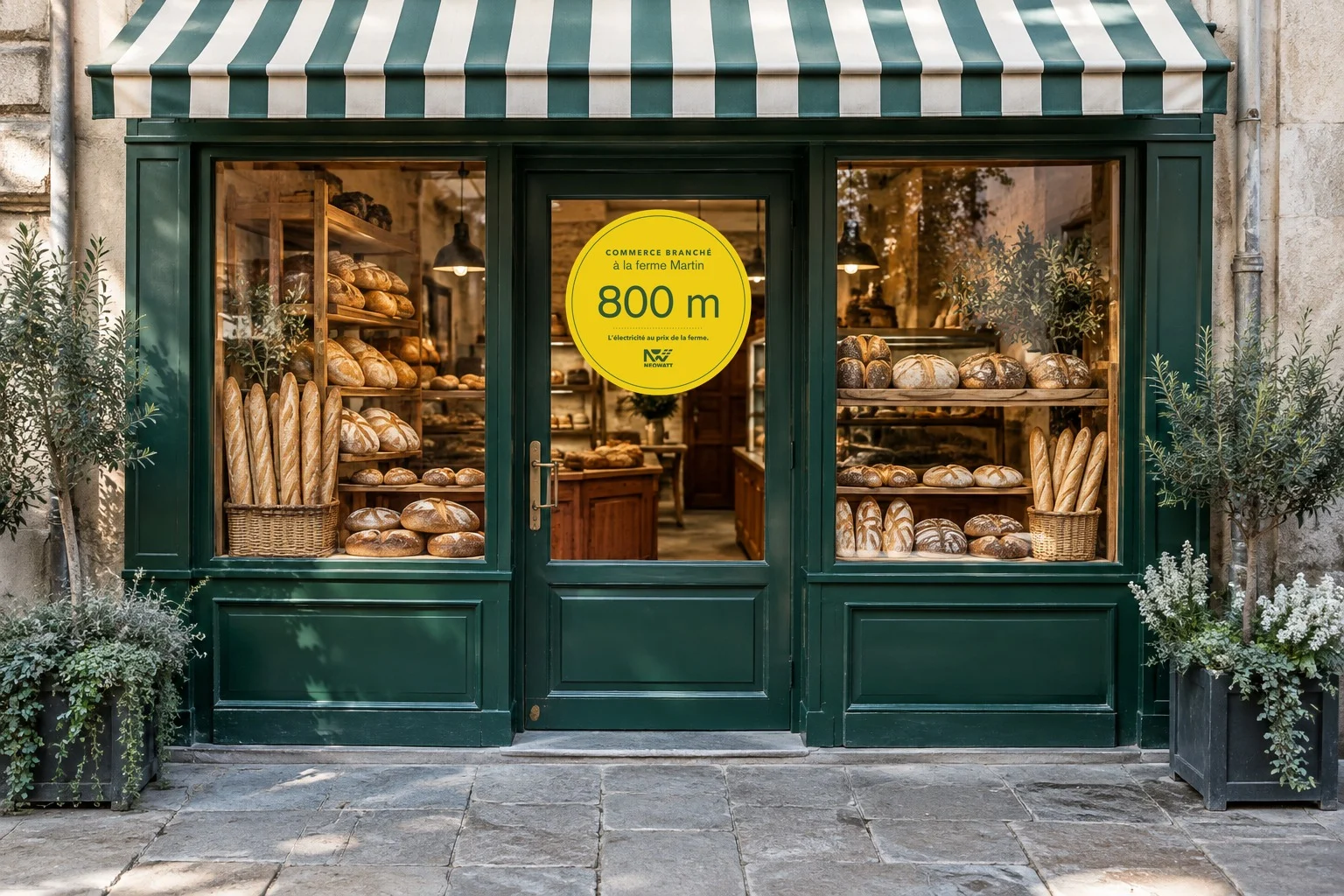 The green front of a village bakery, a round yellow sticker on the glass door reading Commerce branché à la ferme Martin, 800 m