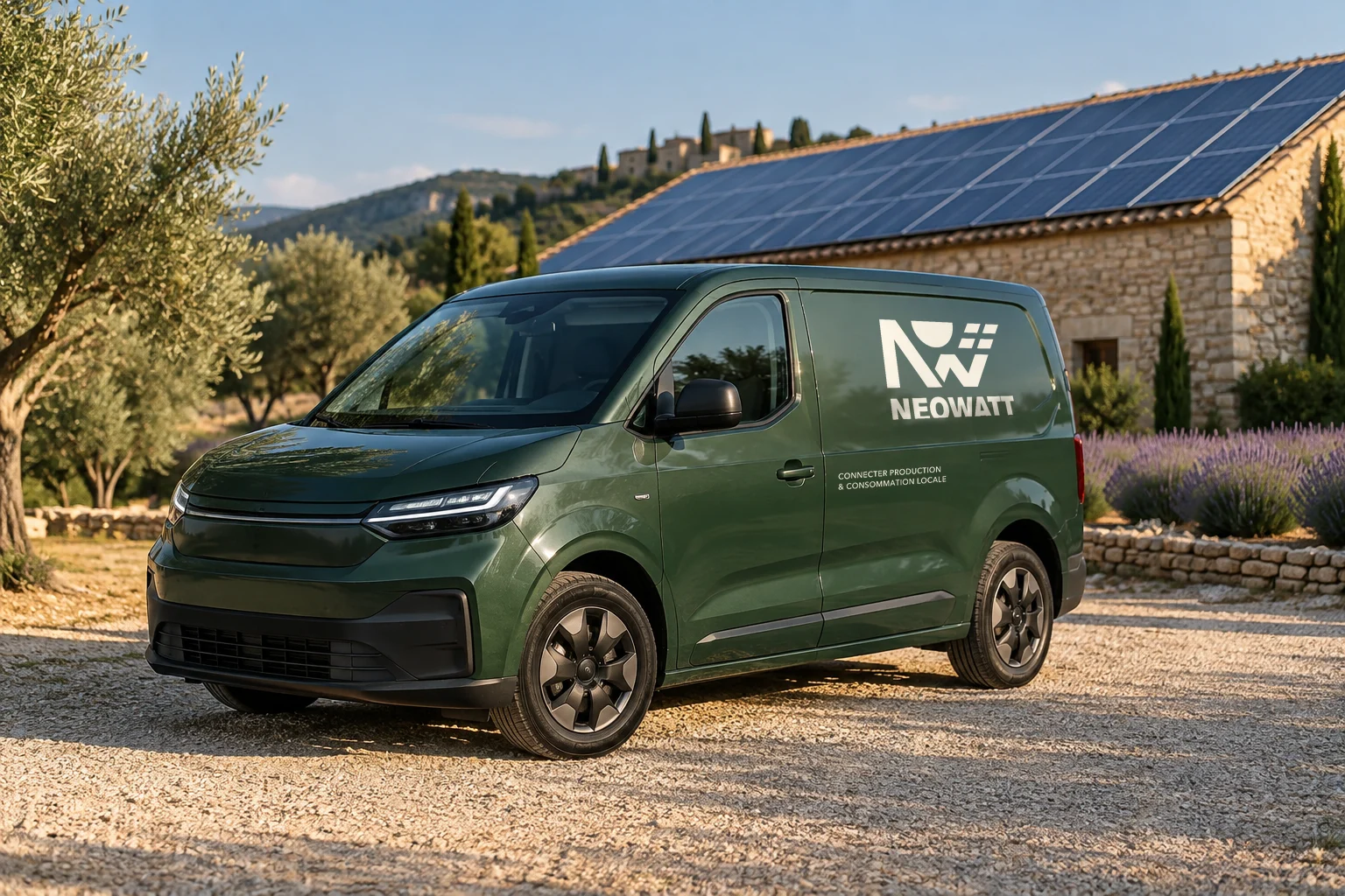 A pine green electric van parked on gravel in front of a stone farm barn covered with solar panels, the NEOWATT logo in vanilla on its side with the line Connecter production et consommation locale