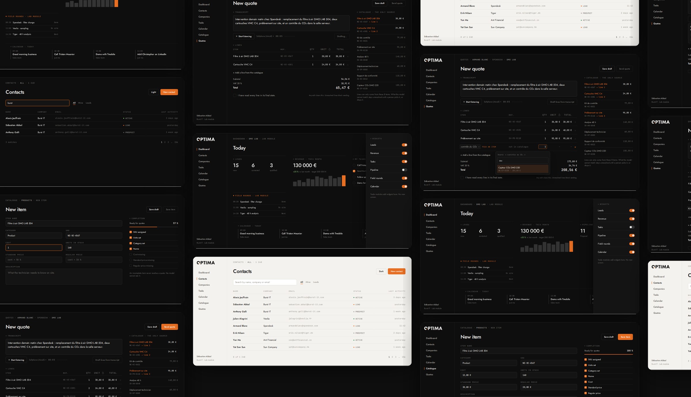 OPTIMA screens laid out as a map: dashboard, contacts, tasks, calendar, quote, catalogue