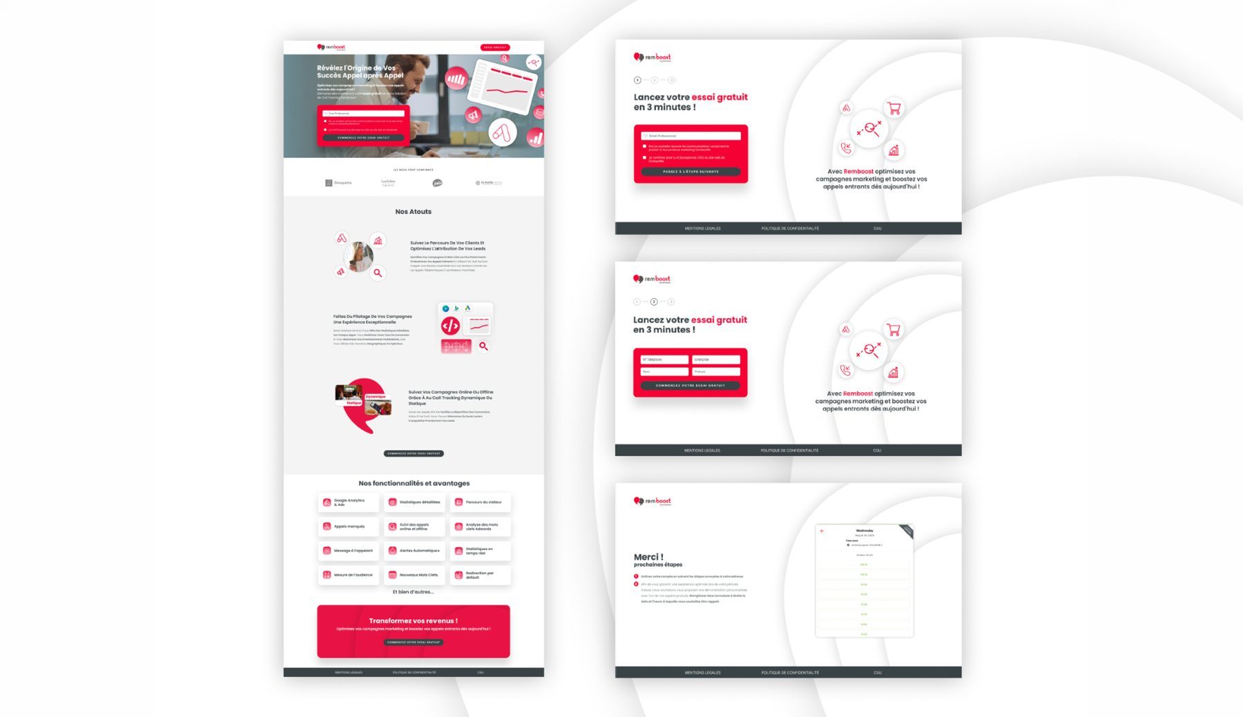 RemBoost landing page and three-step signup funnel