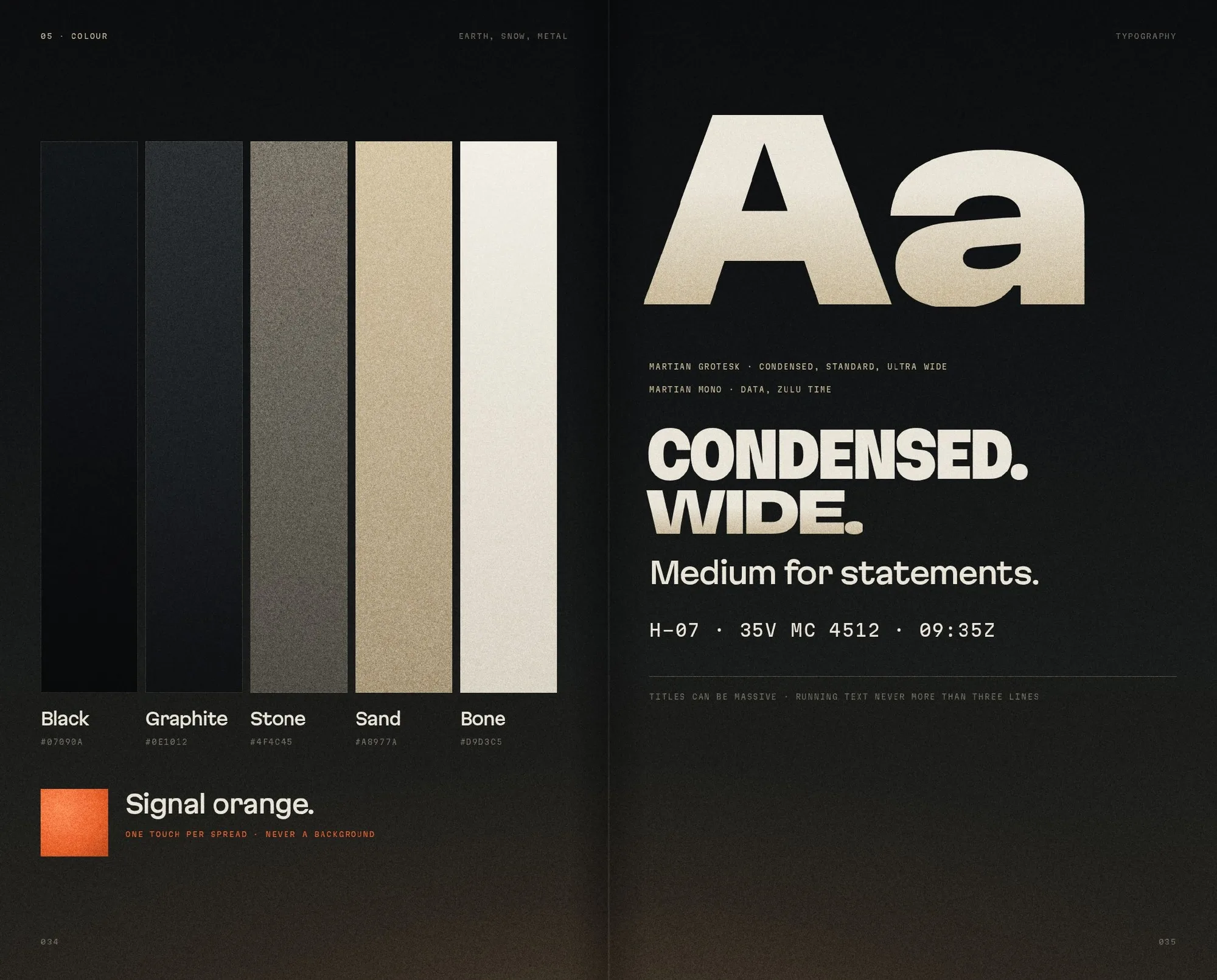 Double page couleur et typographie : noir, graphite, pierre, sable, os et orange signal ; Martian Grotesk condensée et large, Martian Mono