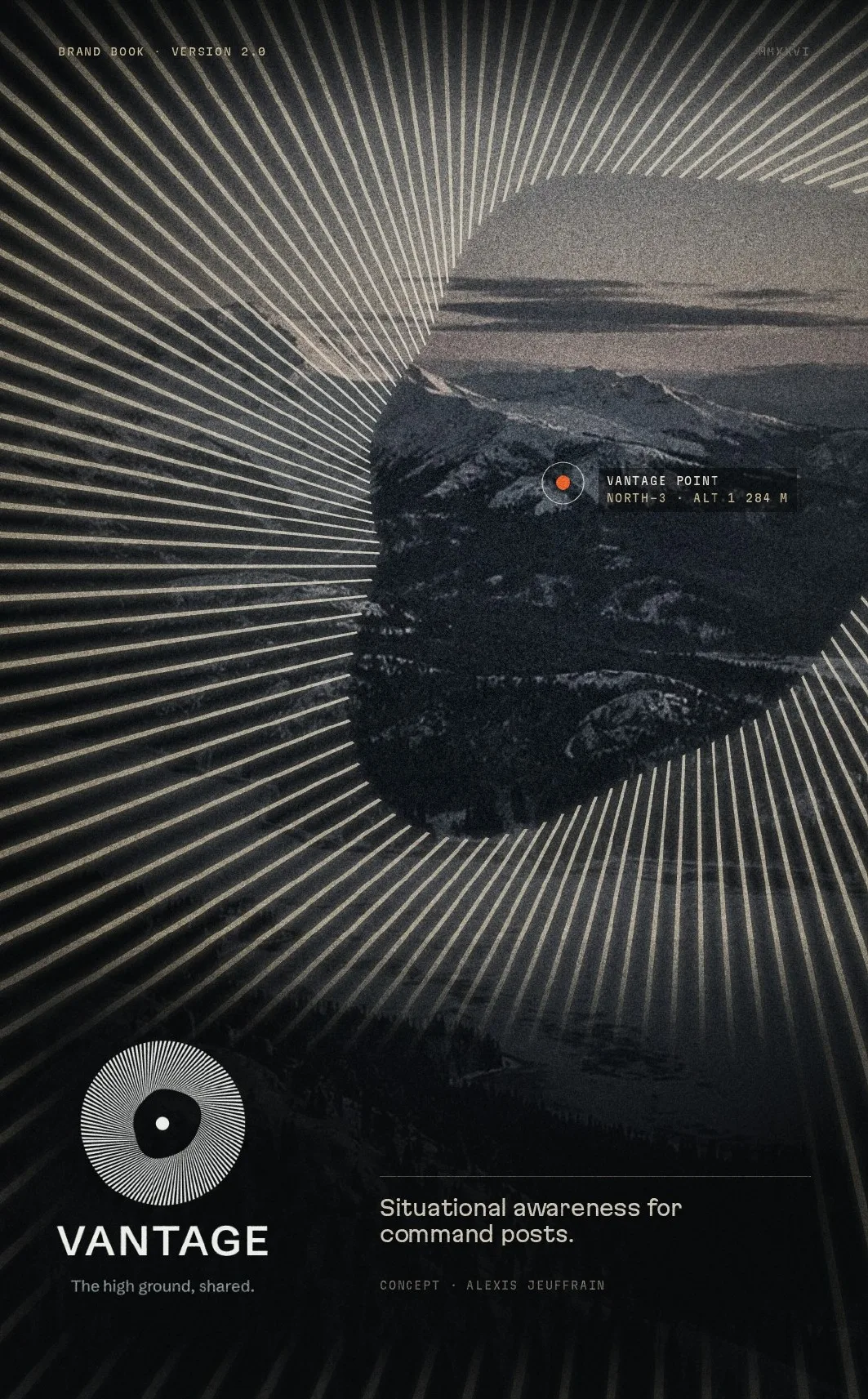 Couverture du brand book : des lignes de vue rayonnent d’un point de vue orange sur une crête enneigée, le bassin de visibilité découpé, le bloc-marque VANTAGE