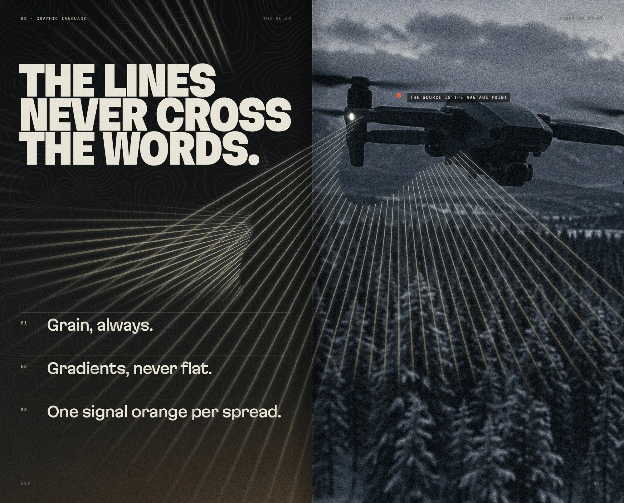 Double page langage graphique : THE LINES NEVER CROSS THE WORDS, du grain toujours, des dégradés jamais plats, un orange signal par double page