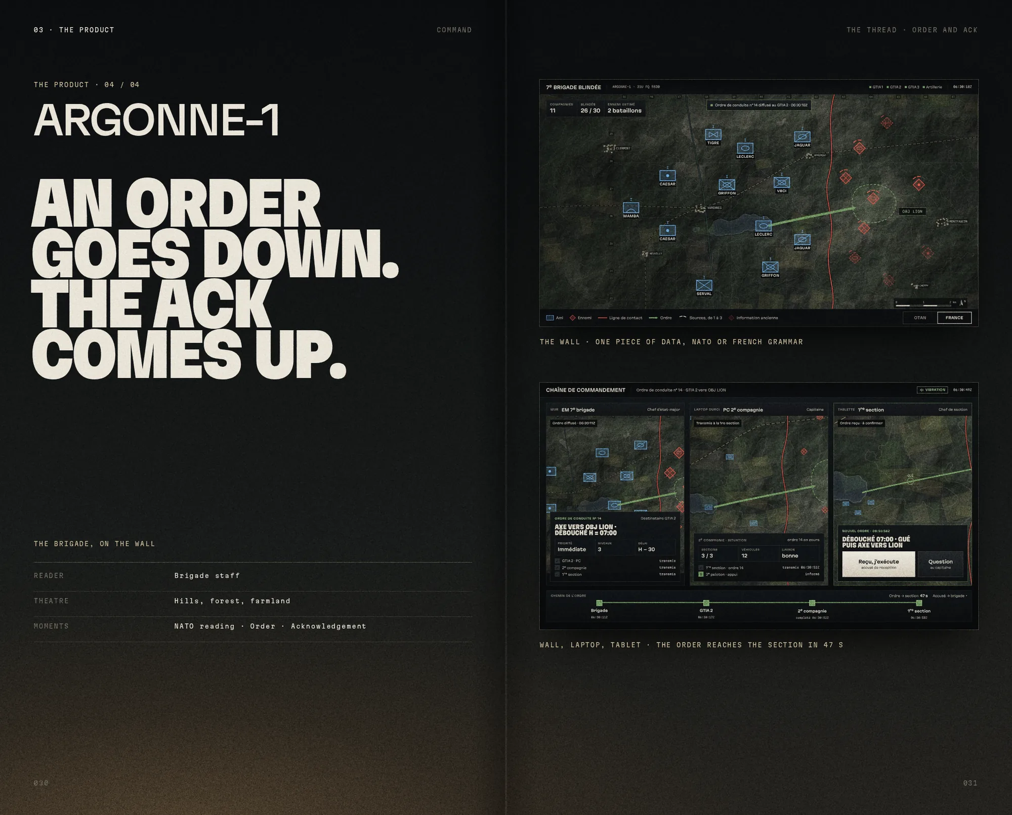 The product chapter: ARGONNE-1, AN ORDER GOES DOWN. THE ACK COMES UP., the brigade wall and the chain of command from wall to tablet