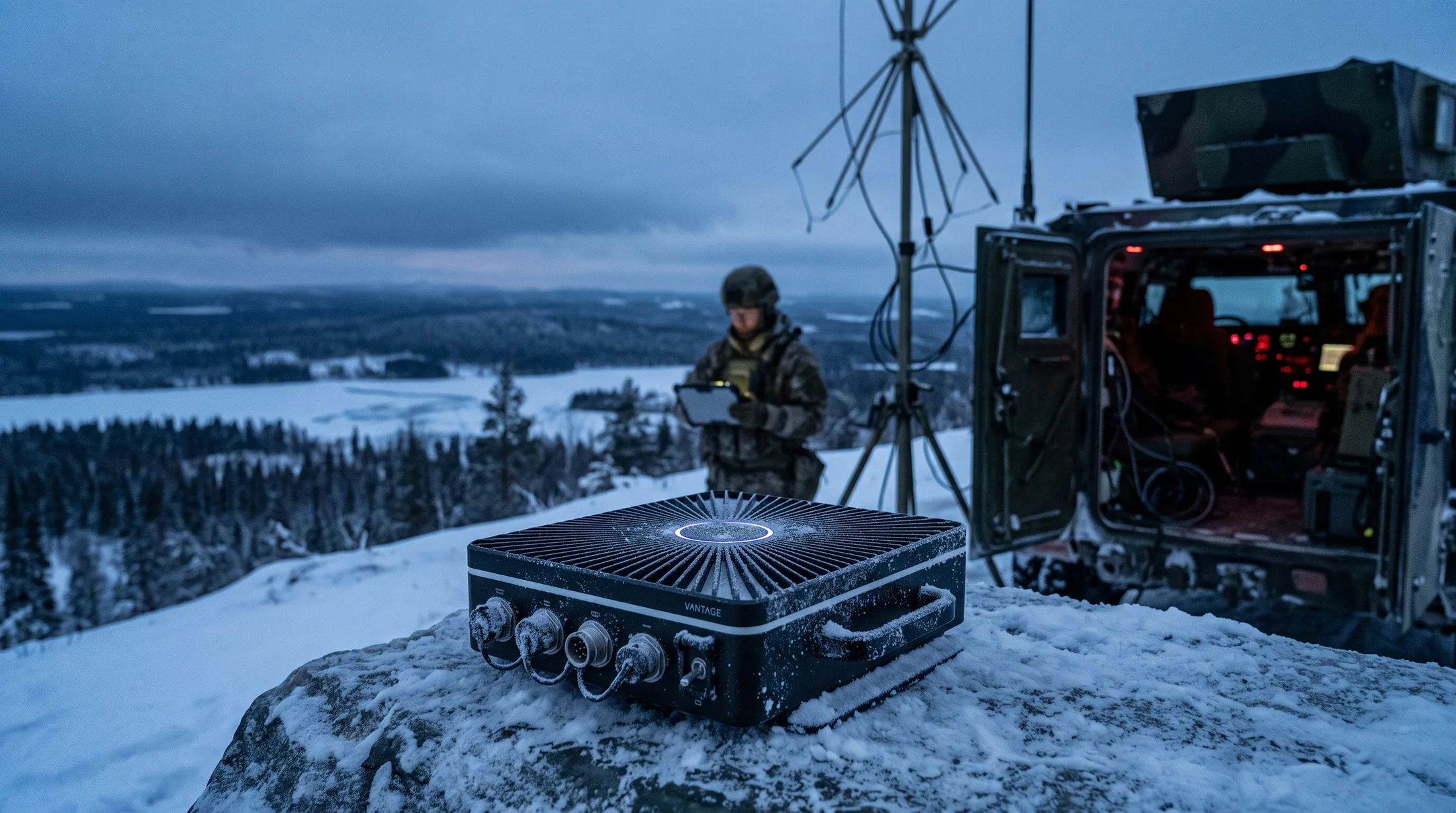Le Node posé sur une crête enneigée à côté d’un véhicule de commandement et d’un mât d’antennes