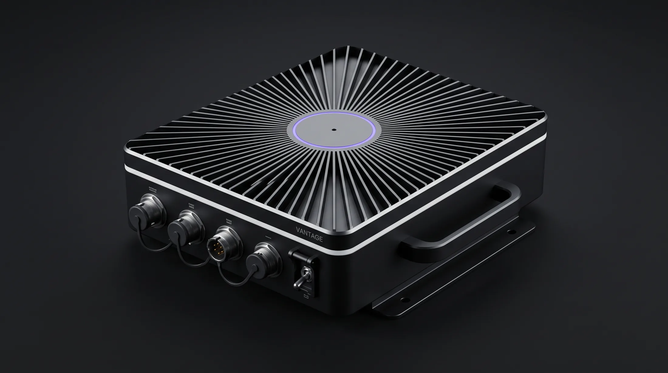 Le VANTAGE Node, un calculateur de bord sans ventilateur en graphite, à ailettes rayonnantes et anneau lumineux, en studio