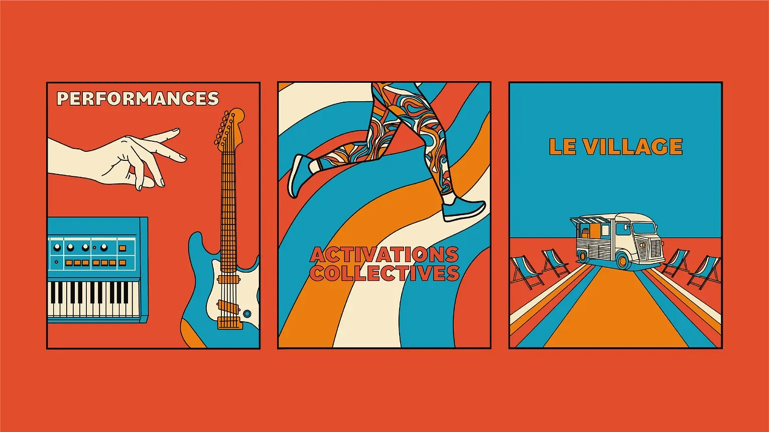 Three programme illustrations: Performances, with a hand, a synthesiser and a guitar; Activations collectives, with a runner; Le Village, with a food truck.