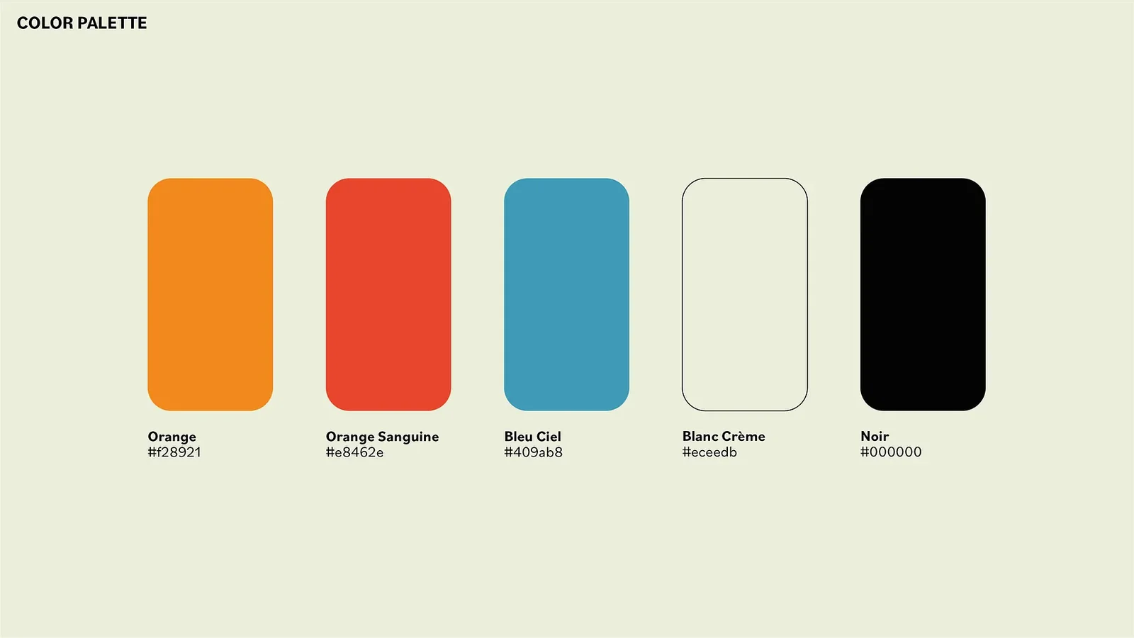 Colour palette: orange, blood orange, sky blue, cream white and black.