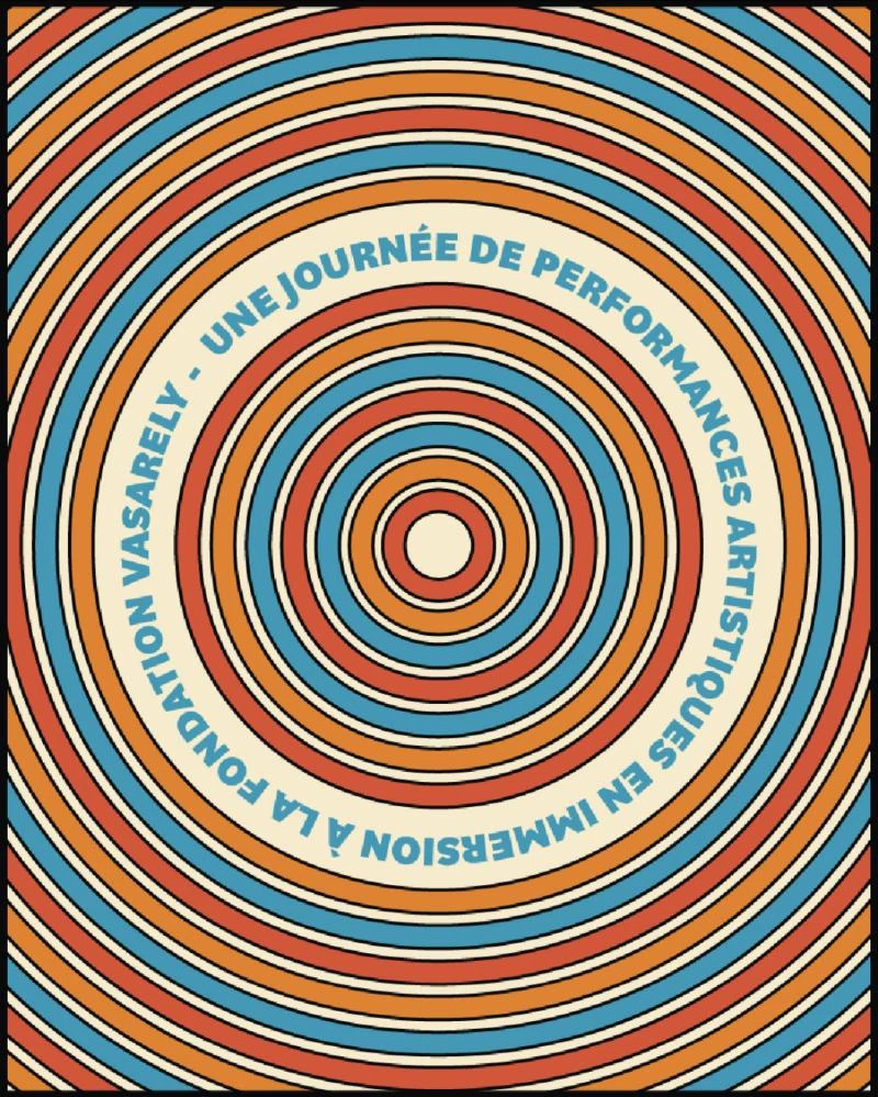 Post: the festival baseline set in a ring inside concentric circles in blue, orange, red and cream.
