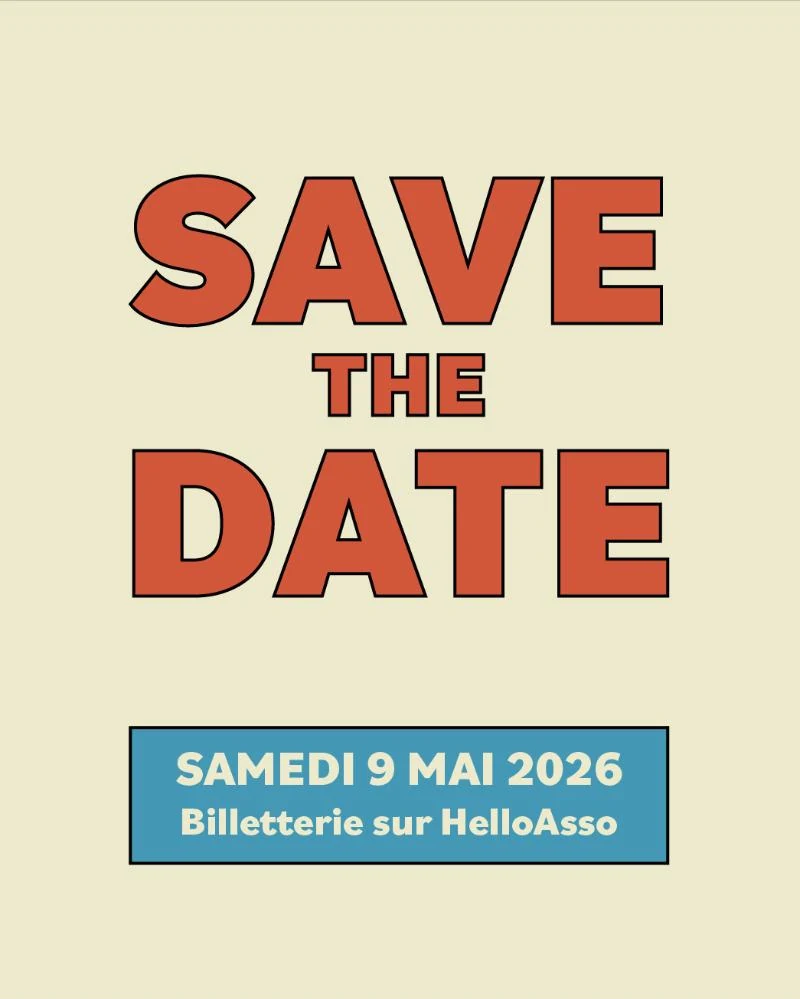 Post: Save the date in red block letters on cream, Saturday 9 May 2026.
